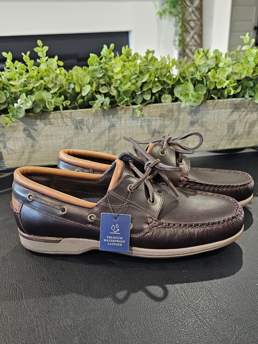 Men's Brown Leather Boat Shoes Tan Collar Waterproof Leather Mens Sz 8 8.5 10.5